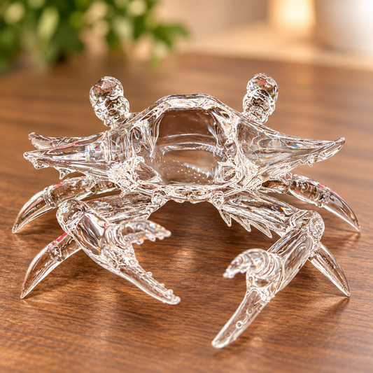 Detailed handcrafted glass crab figurine made from pure borosilicate glass rods with claws, legs, and shell detail.