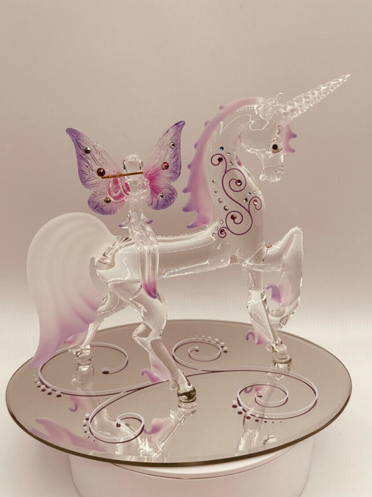 Handcrafted glass unicorn with airbrushed purple fairy on beveled mirror base accented with crystals