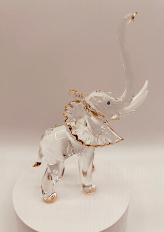 Handcrafted large glass elephant figurine with white tusks and crystal and 22Kt gold accents