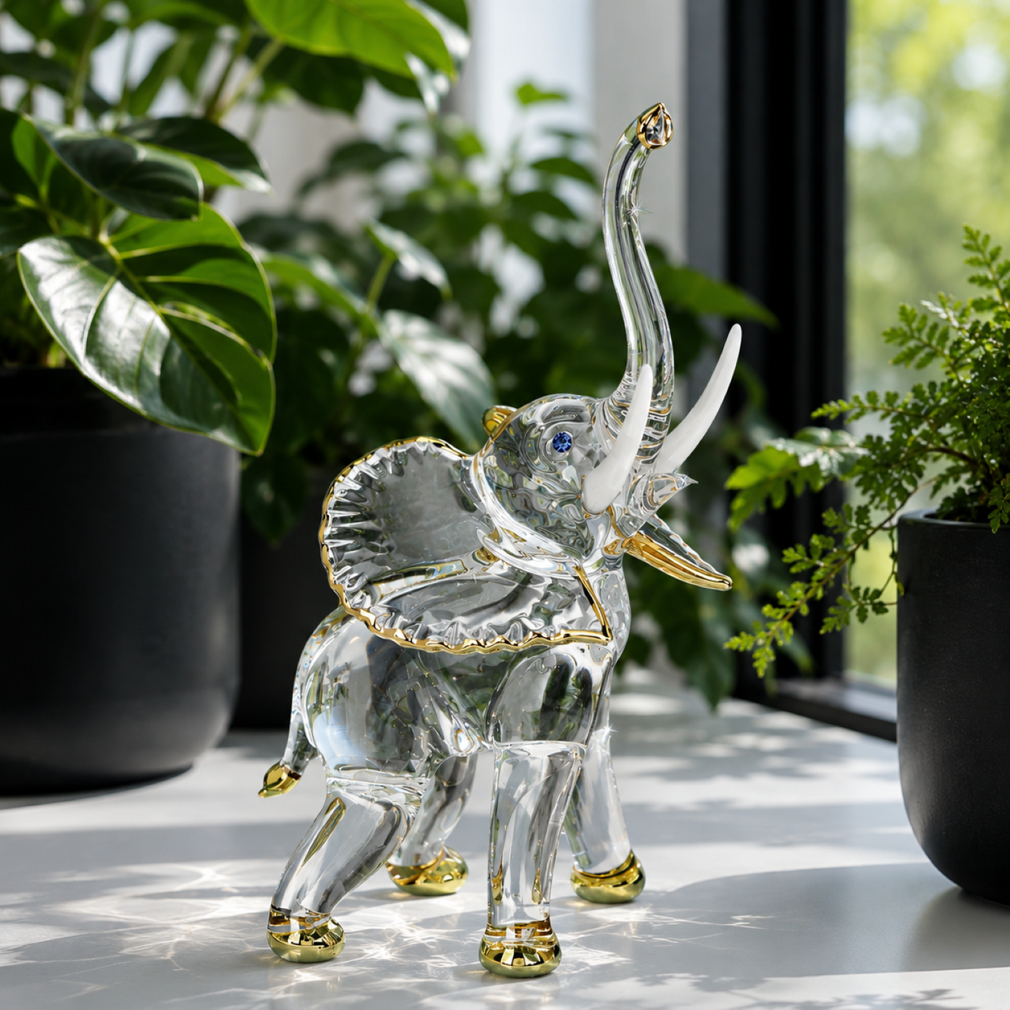 Handcrafted clear glass elephant figurine with white tusks, crystal accents, and 22Kt gold detailing.