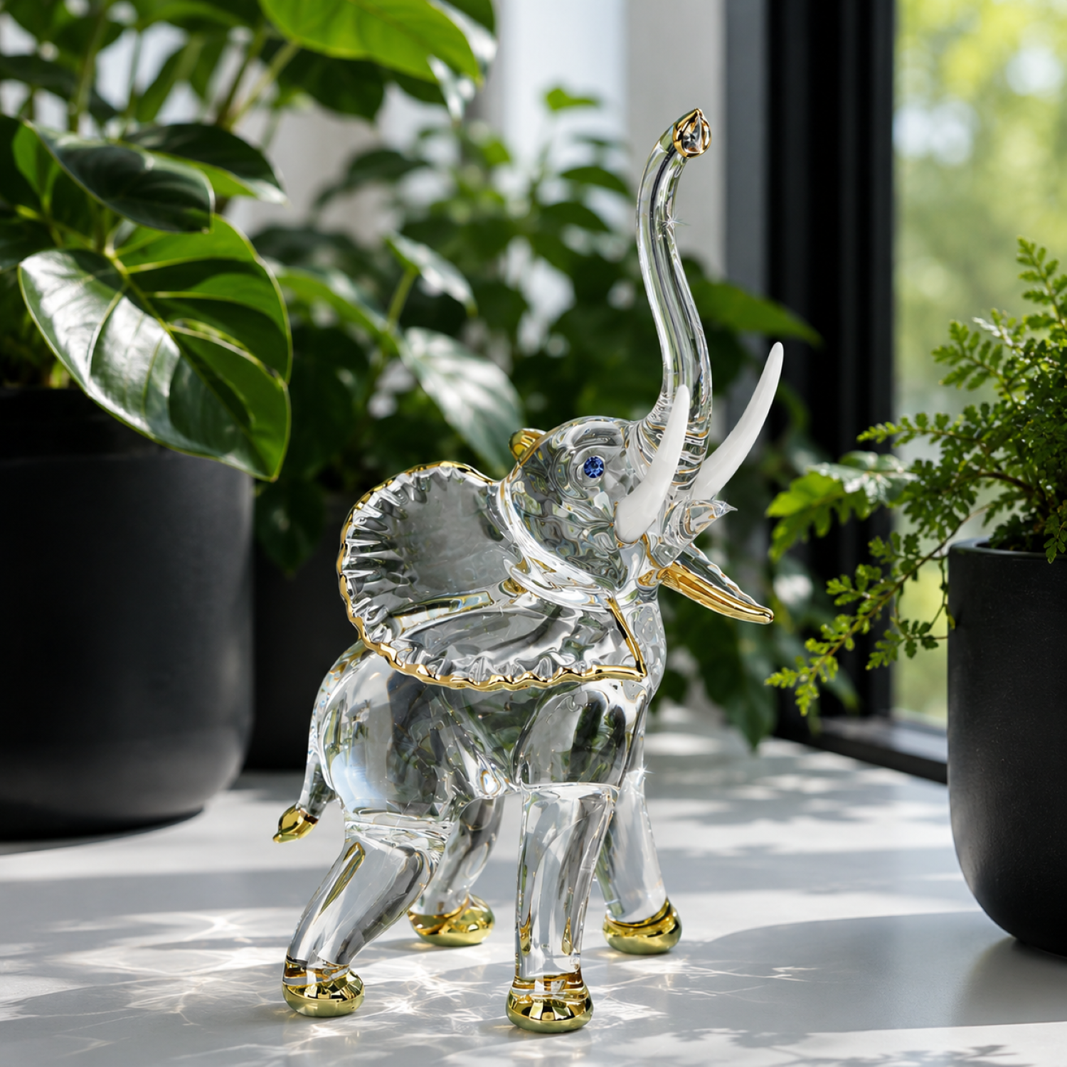Handcrafted clear glass elephant figurine with white tusks, crystal accents, and 22Kt gold detailing.