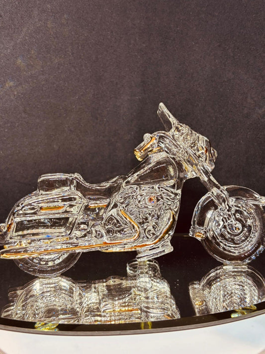 Big Cruiser Motorcycle Glass Figurine with Crystal and Gold Accents