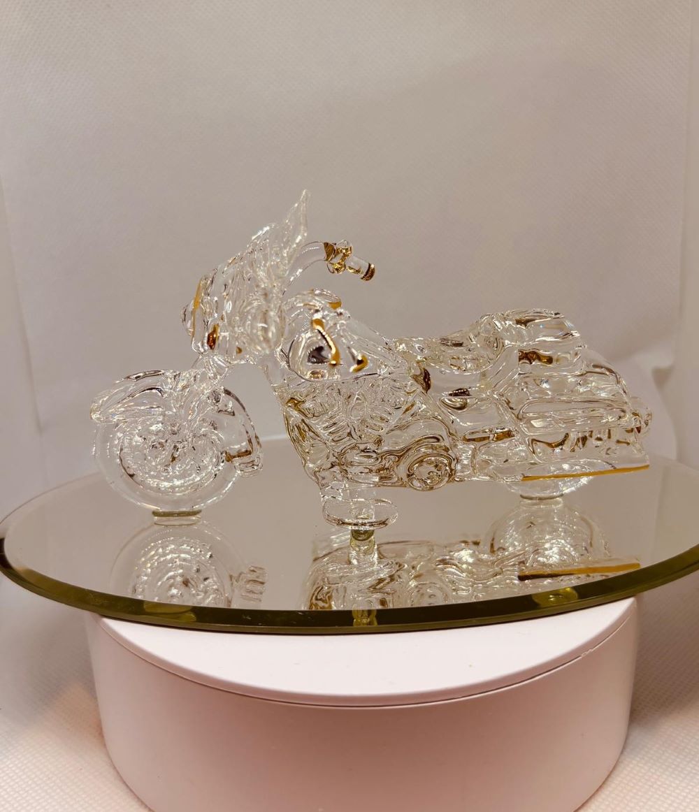 Big Cruiser Motorcycle Glass Figurine with Crystal and Gold Accents