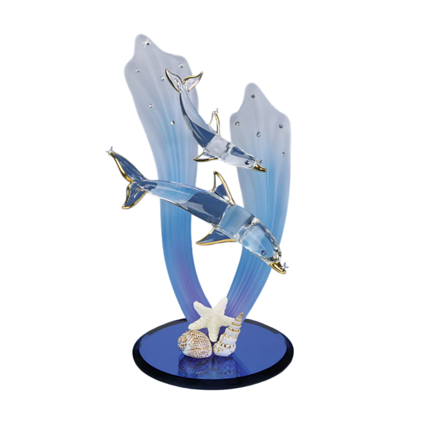 Dolphin and Baby Glass Figurine with Blue Sea Grass Ocean Decor Gift