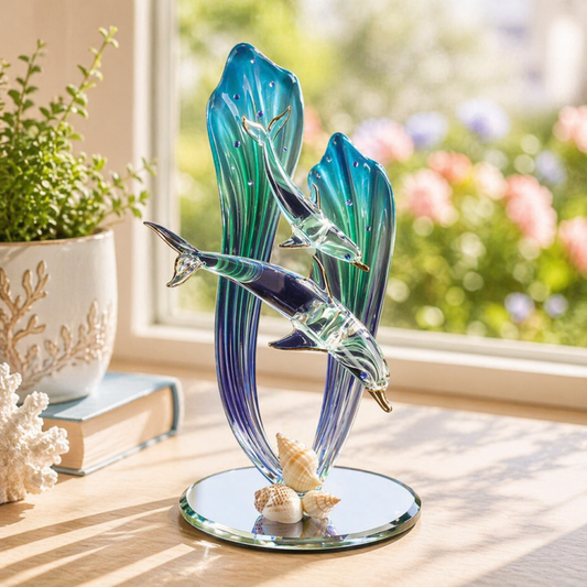 Dolphin and Baby Glass Figurine | Handcrafted Ocean Family Decor with Blue Sea Grass