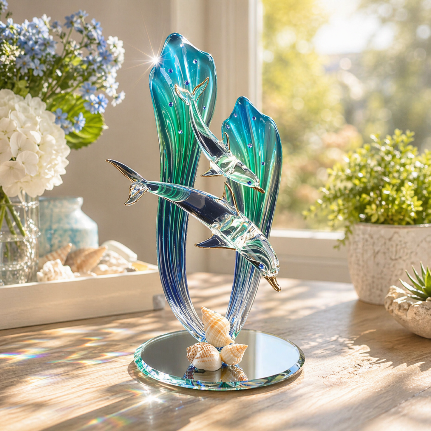 Dolphin and Baby Glass Figurine | Handcrafted Ocean Family Decor with Blue Sea Grass