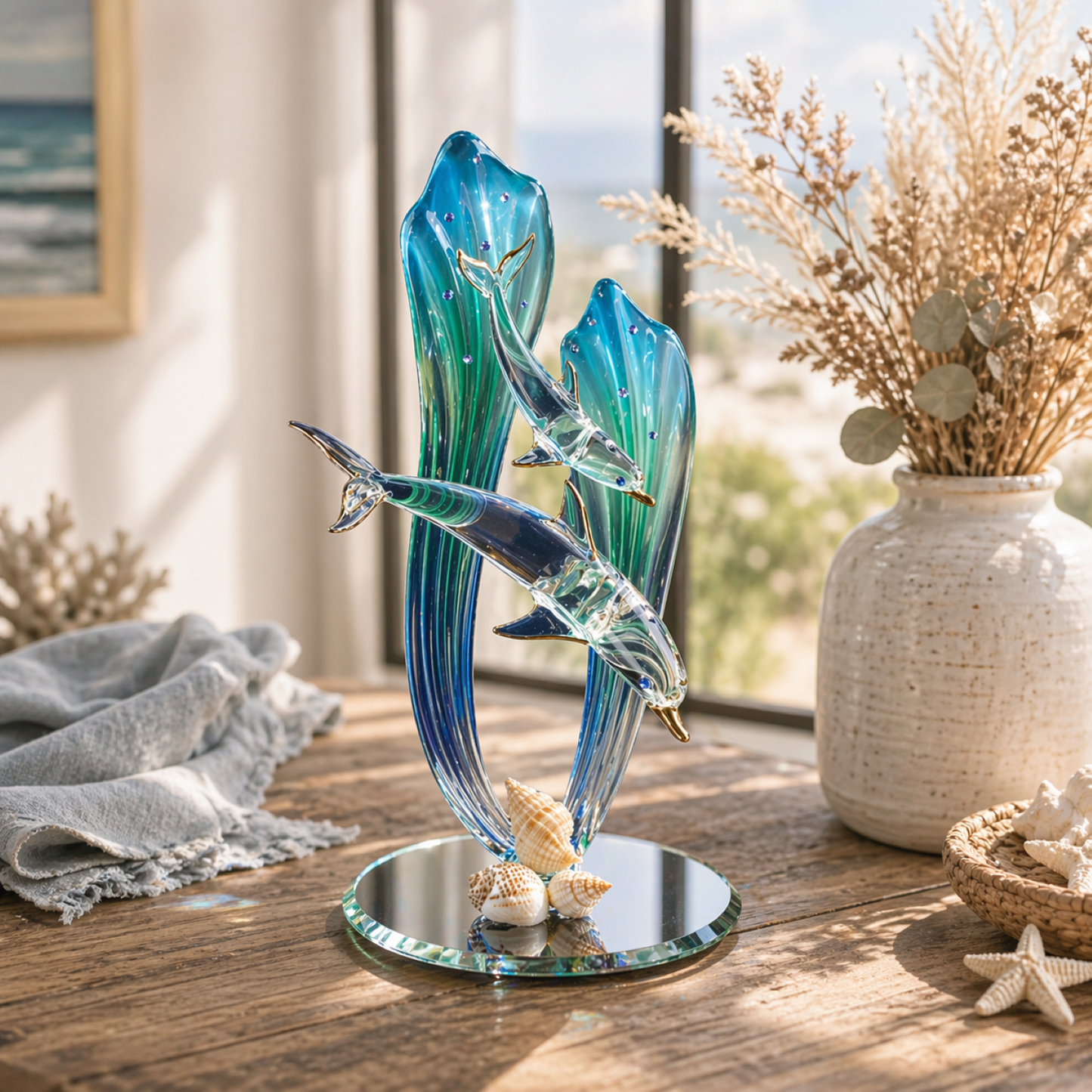 Dolphin and Baby Glass Figurine | Handcrafted Ocean Family Decor with Blue Sea Grass