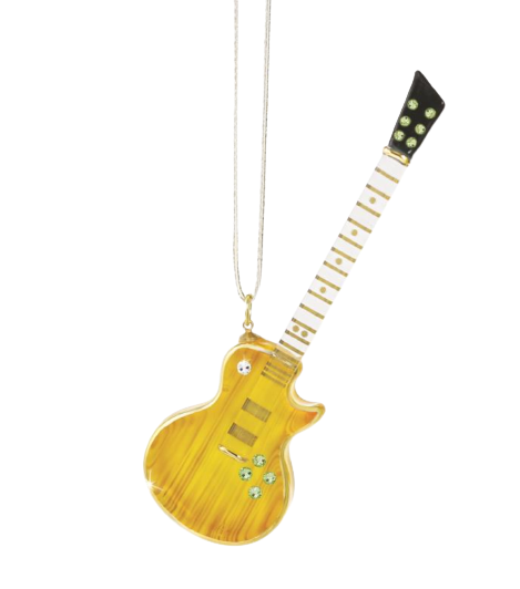 Glass Guitar Ornament, Christmas Figurine, Handmade Yellow Ornament, Gift for a Musician, Guitar Lover, 4" Hanging Holiday Ornament