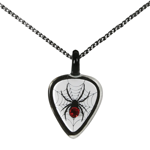 Glass Baron Spider and Web Guitar Pick Necklace Red Ruby Crystal