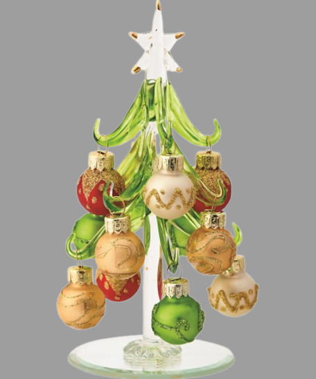 Glass Christmas Tree with Red Green Gold Ornaments 6 Inch