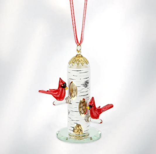 Cardinal Feeder Glass Ornament Handcrafted Collectible