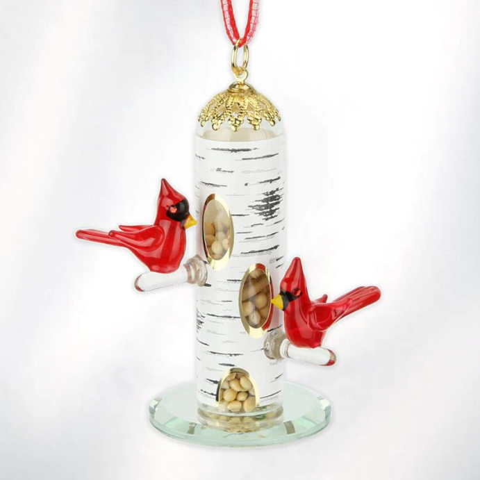 Cardinal Feeder Glass Ornament Handcrafted Collectible