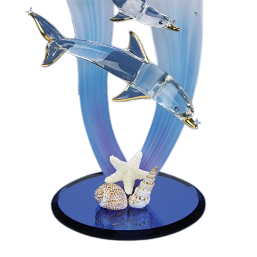Glass Dolphin and Baby with Blue Sea Grass Collectible Figurine