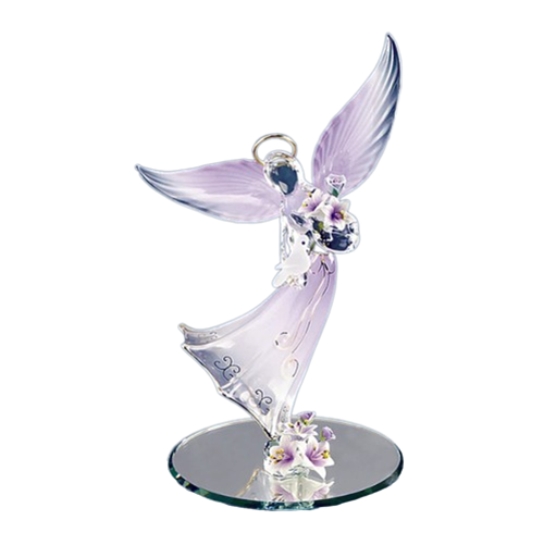 Angel Glass Figurine with Flowers, Lavender Angel Figurine, Glass Angel Dove, Handcrafted Gift, Handmade Angel Statue, Home Decor