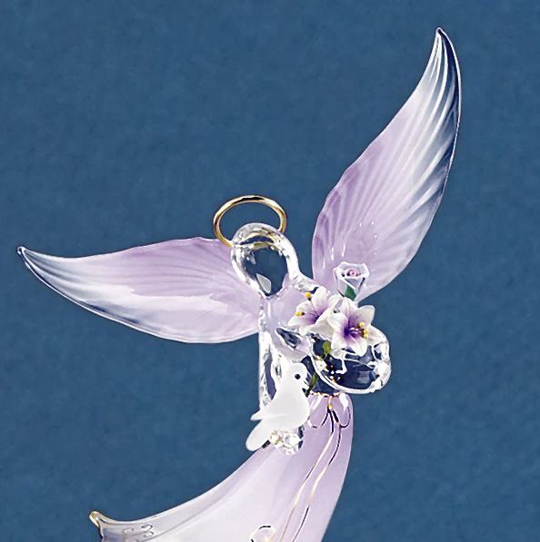 Angel Glass Figurine with Flowers, Lavender Angel Figurine, Glass Angel Dove, Handcrafted Gift, Handmade Angel Statue, Home Decor