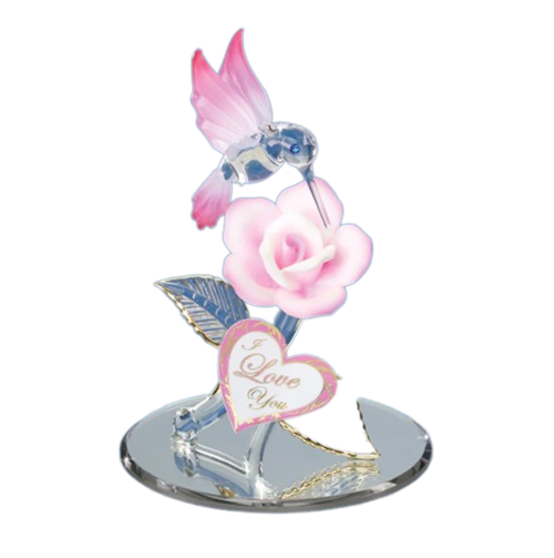 Glass Baron Hummingbird with Pink Rose I Love you Collectible Figurine