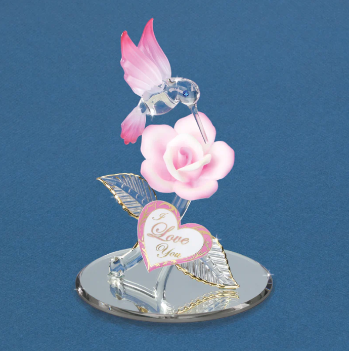 Glass Baron Hummingbird with Pink Rose I Love you Collectible Figurine