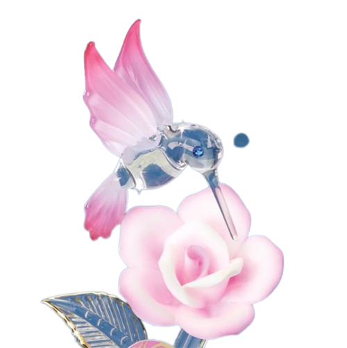 Glass Baron Hummingbird with Pink Rose I Love you Collectible Figurine