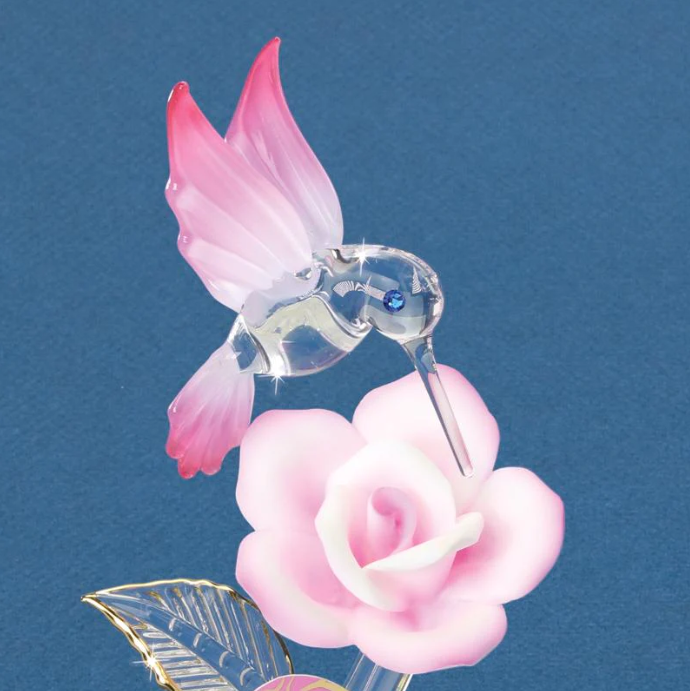 Glass Baron Hummingbird with Pink Rose I Love you Collectible Figurine