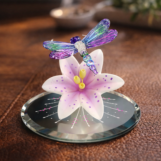 colorful dragonfly glass figurine pink tiger lily flower mirrored base small floral decor collectible