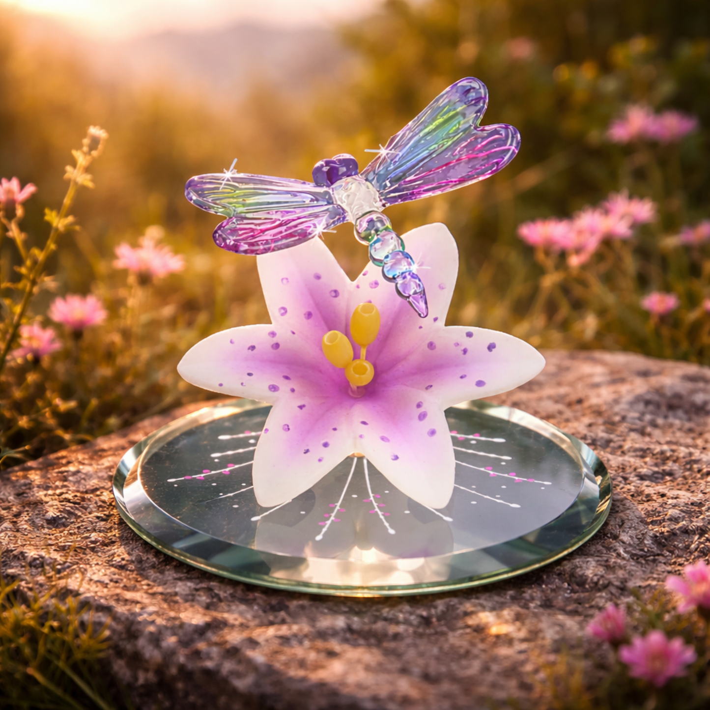Dragonfly Lily Glass Figurine Colorful Floral Decor Garden Accent Collectible Display
