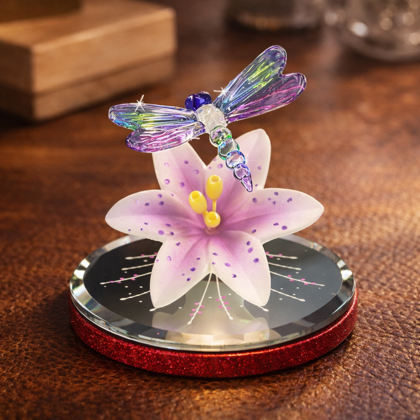 Dragonfly Lily Glass Figurine Colorful Floral Decor Garden Accent Collectible Display