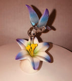 Blue Hummingbird on Lily Glass Figurine, Holiday Gift, Hummingbird Home Decor