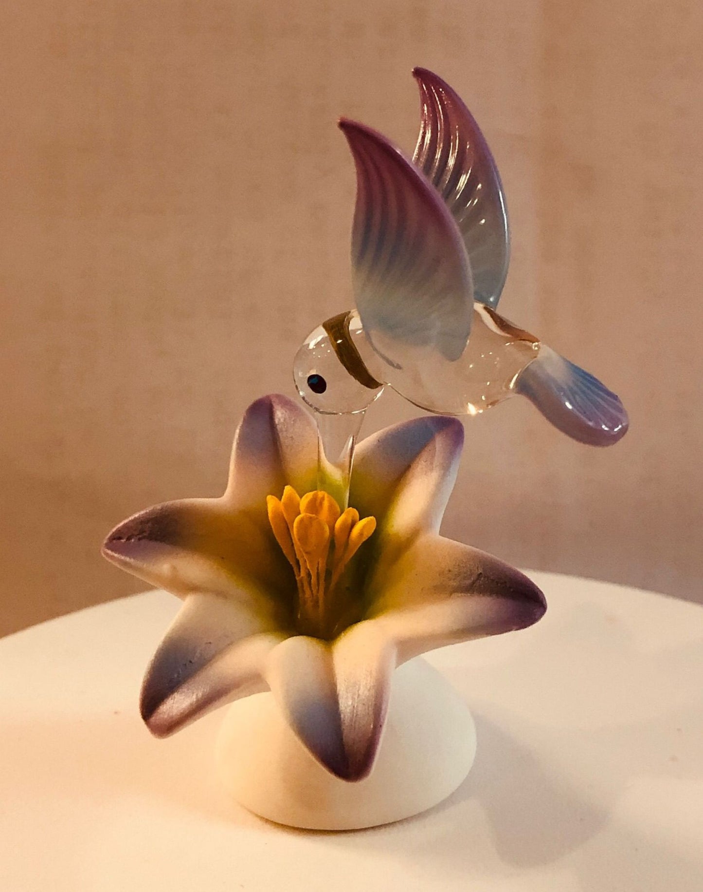 Blue Hummingbird on Lily Glass Figurine, Holiday Gift, Hummingbird Home Decor