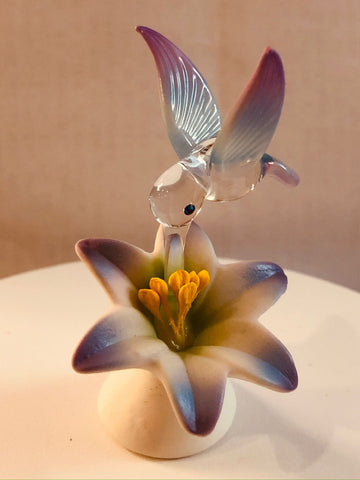 Blue Hummingbird on Lily Glass Figurine, Holiday Gift, Hummingbird Home Decor