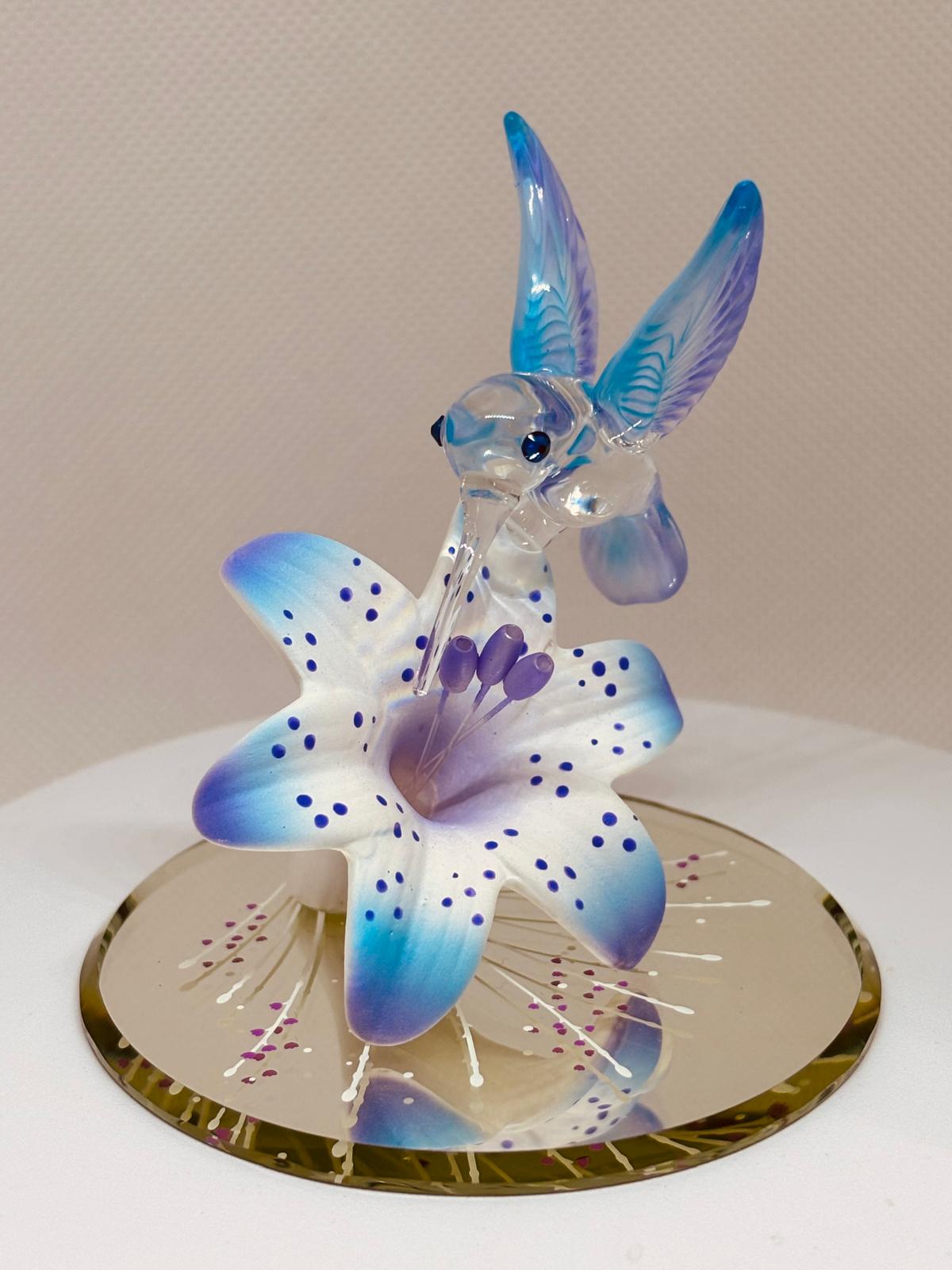 Hummingbird on Lily Figurine Handcrafted Glass Collectible Decor