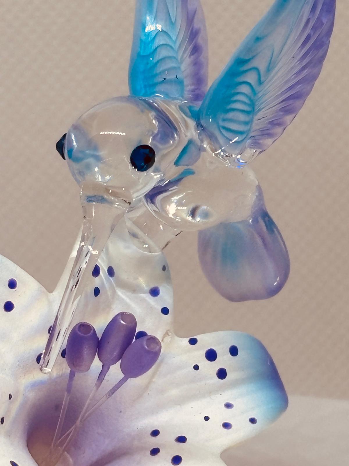 Hummingbird on Lily Figurine Handcrafted Glass Collectible Decor