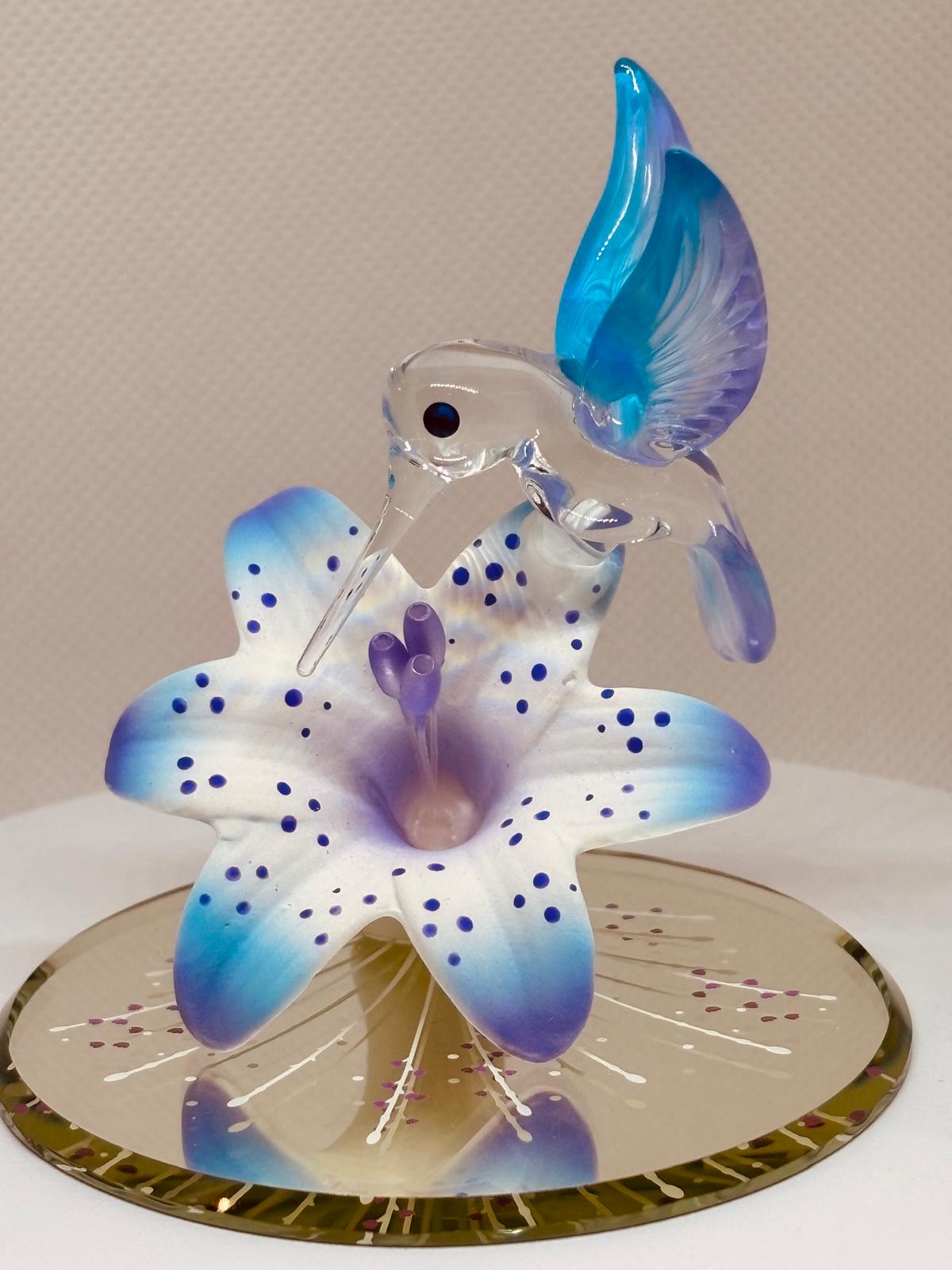 Hummingbird on Lily Figurine Handcrafted Glass Collectible Decor