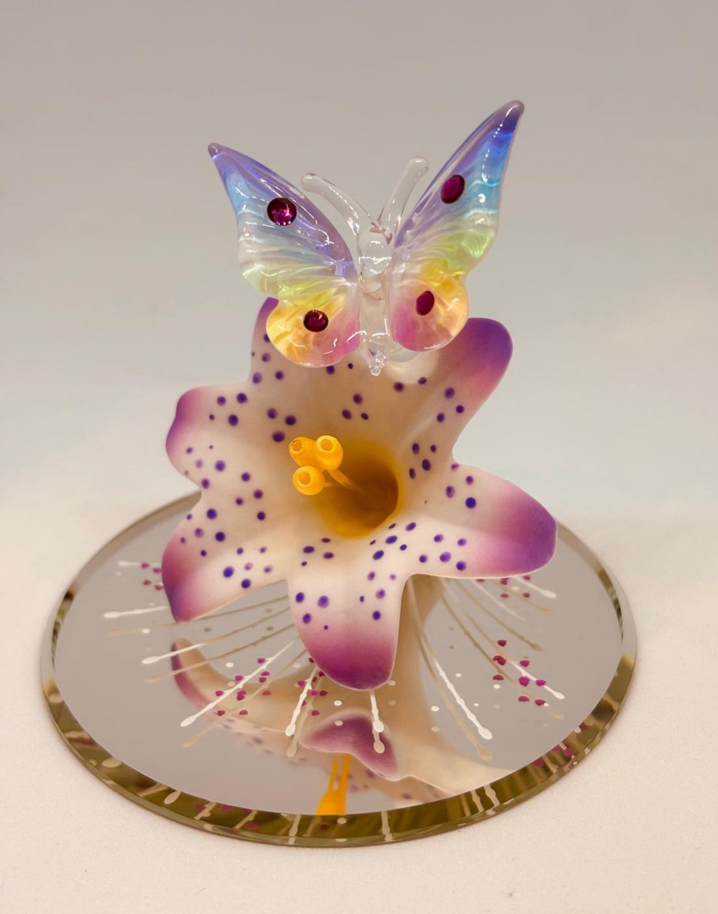 Butterfly on Lavender Lily Figurine Handcrafted Glass Butterfly on Lily with Crystals