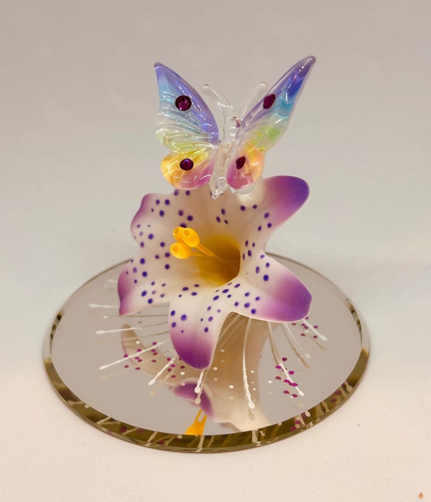 Butterfly on Lavender Lily Figurine Handcrafted Glass Butterfly on Lily with Crystals