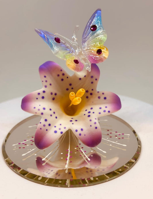 Butterfly on Lavender Lily Figurine Handcrafted Glass Butterfly on Lily with Crystals