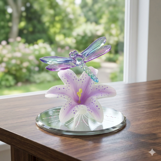 dragonfly lily glass figurine lavender flower decor small handcrafted nature display accent