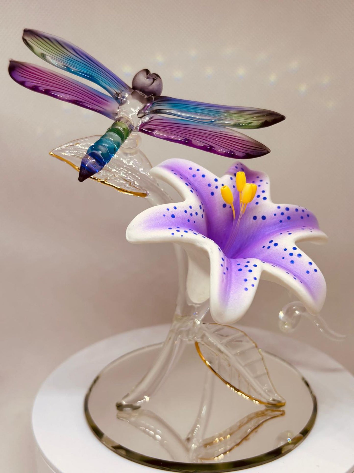Glass Dragonfly on Lily Figurine Handcrafted Nature Decor Gift