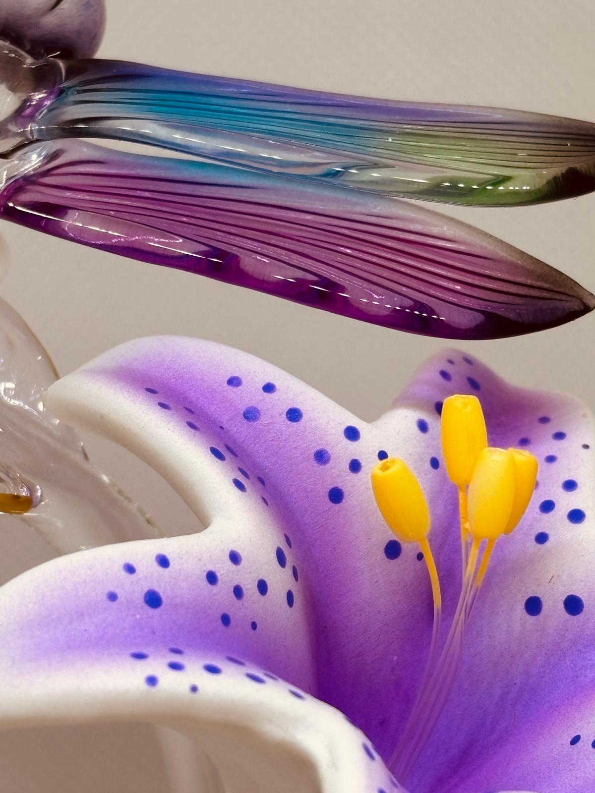 Glass Dragonfly on Lily Figurine Handcrafted Nature Decor Gift