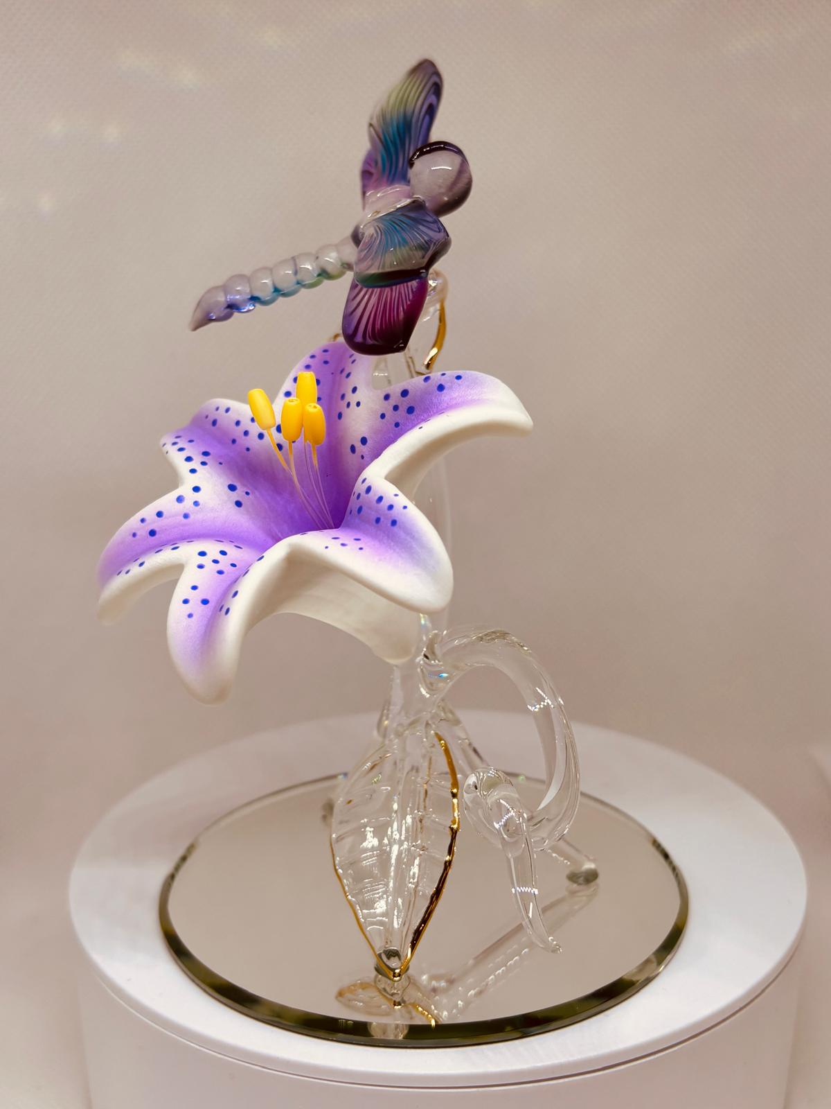 Glass Dragonfly on Lily Figurine Handcrafted Nature Decor Gift