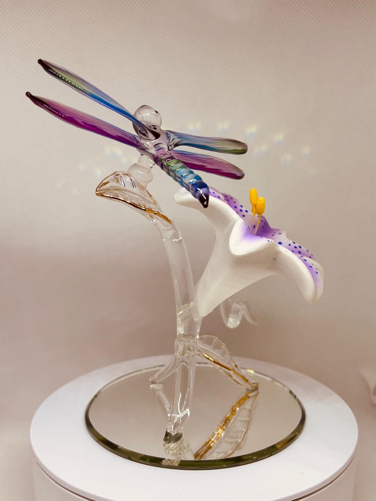 Glass Dragonfly on Lily Figurine Handcrafted Nature Decor Gift