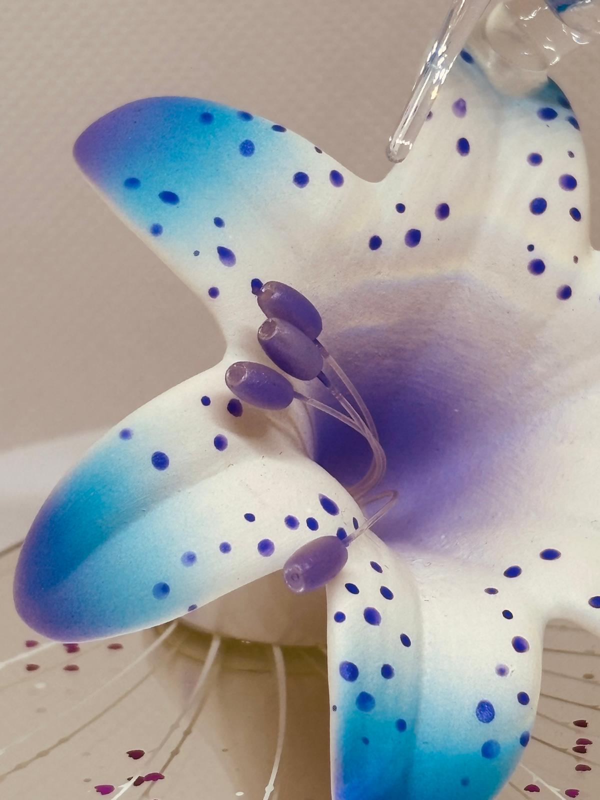 Hummingbird on Blue Lily Figurine Handcrafted Glass Bird Decor