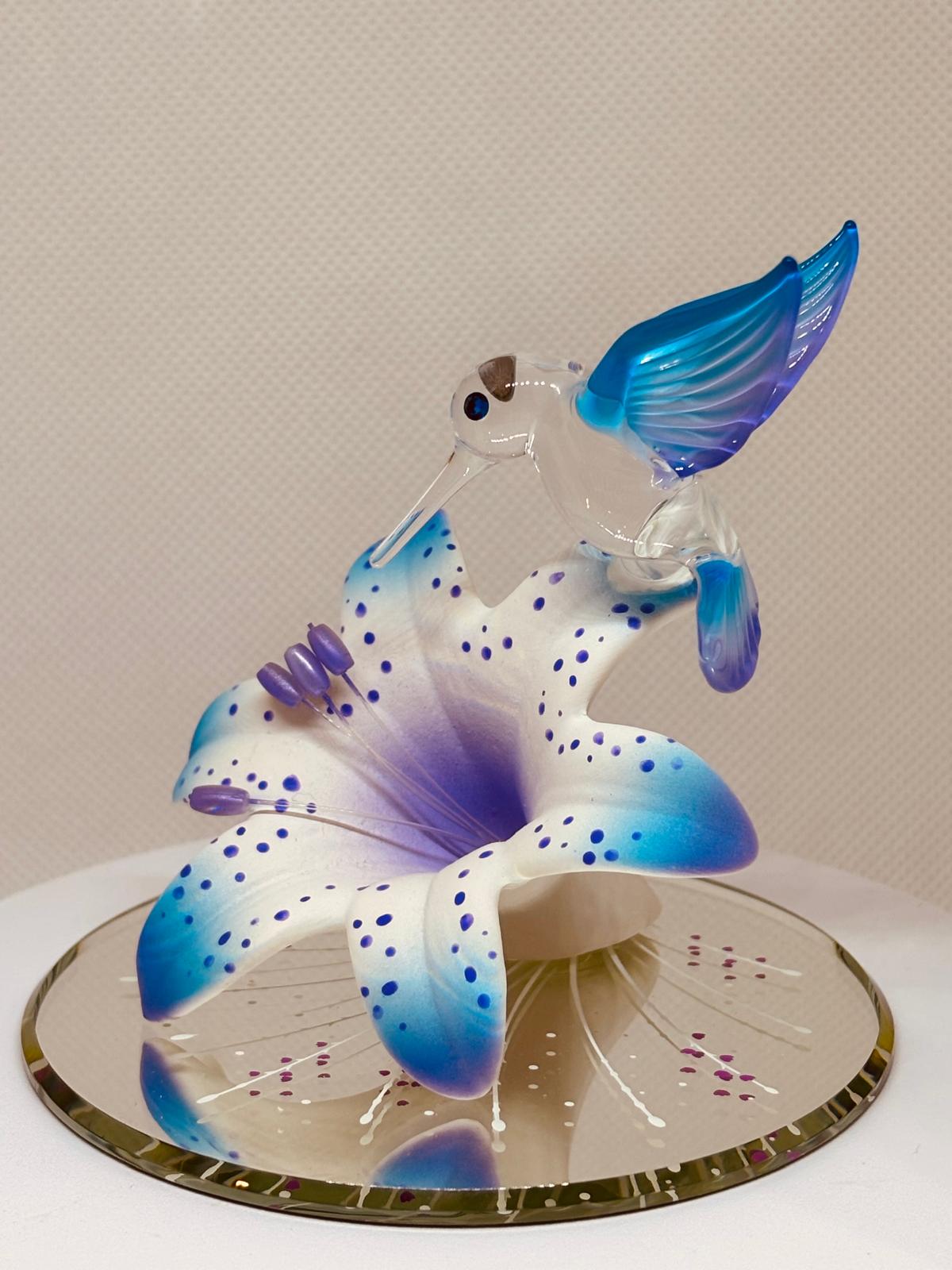 Hummingbird on Blue Lily Figurine Handcrafted Glass Bird Decor