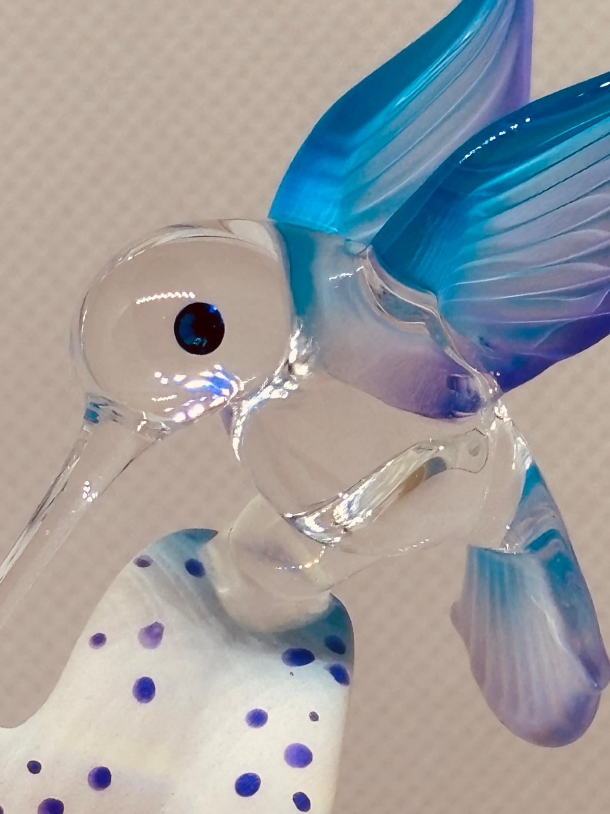 Hummingbird on Blue Lily Figurine Handcrafted Glass Bird Decor
