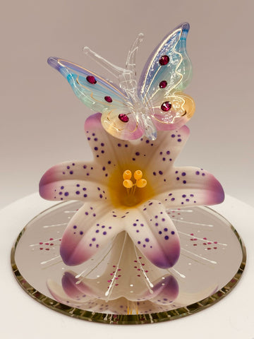 Lavender lily and butterfly glass décor for curio or bedside display