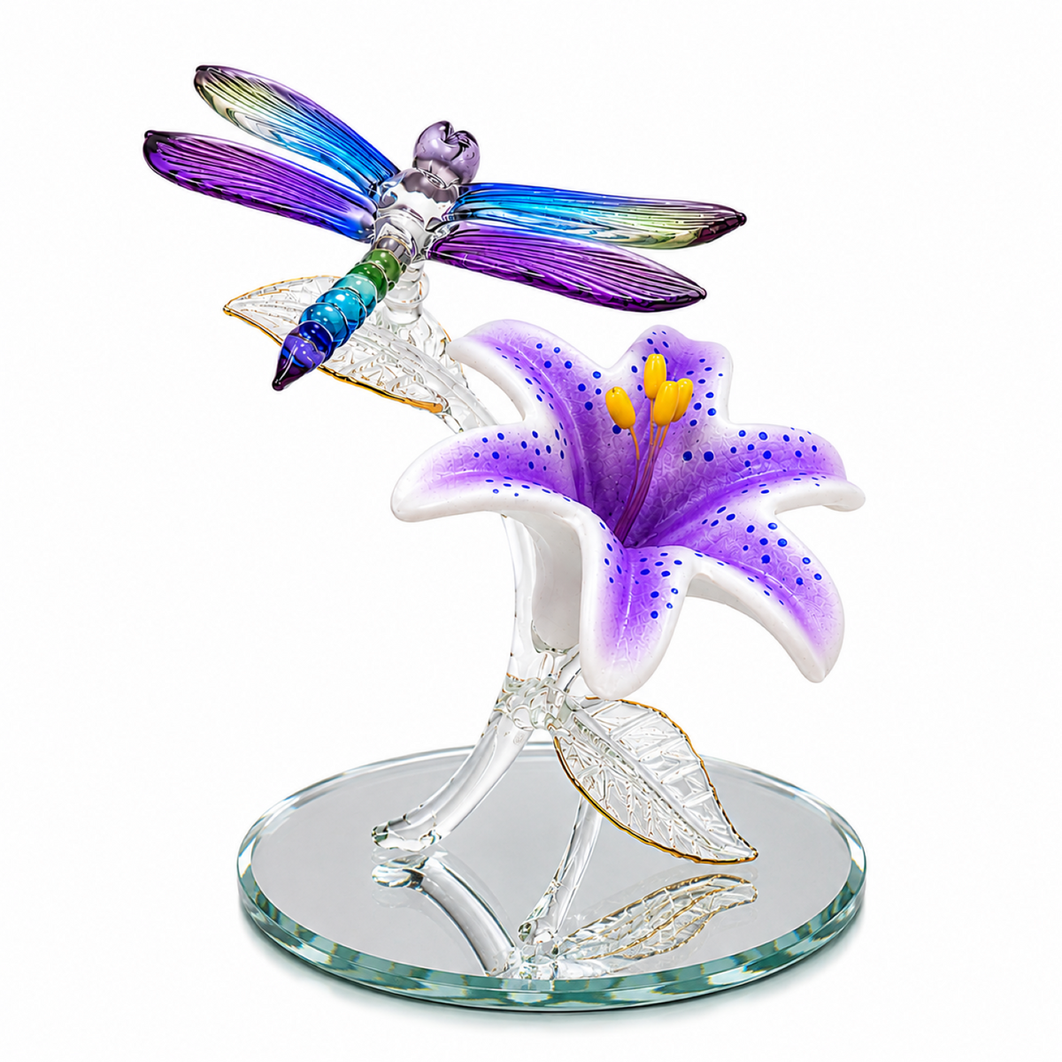 Dragonfly & Tiger Lily Glass Figurine – Handcrafted Nature Decor Gift