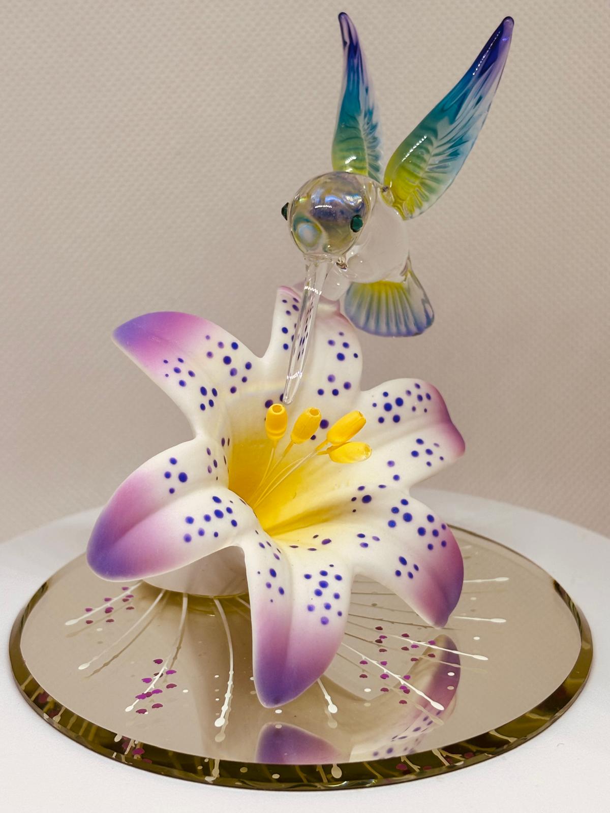 Lavender Lily with Hummingbird Figurine Handcrafted Glass Bird Decor