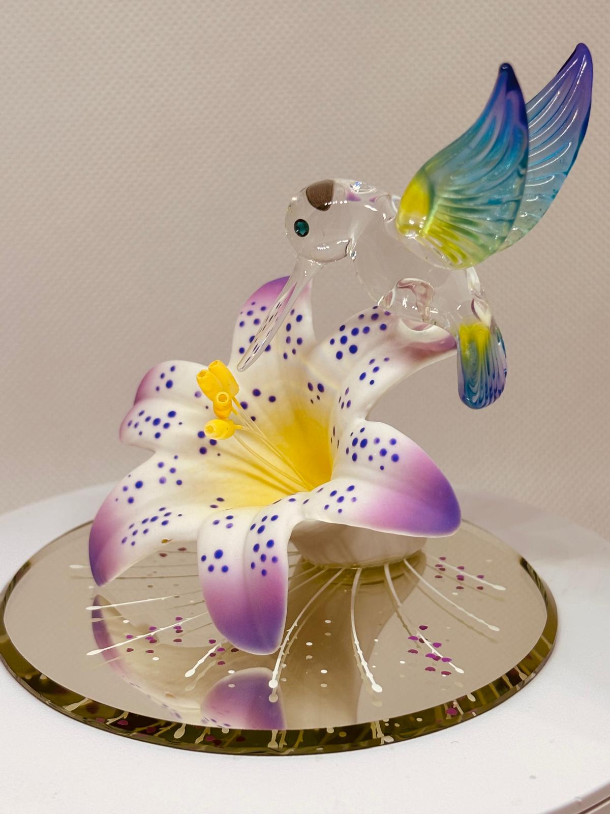 Lavender Lily with Hummingbird Figurine Handcrafted Glass Bird Decor