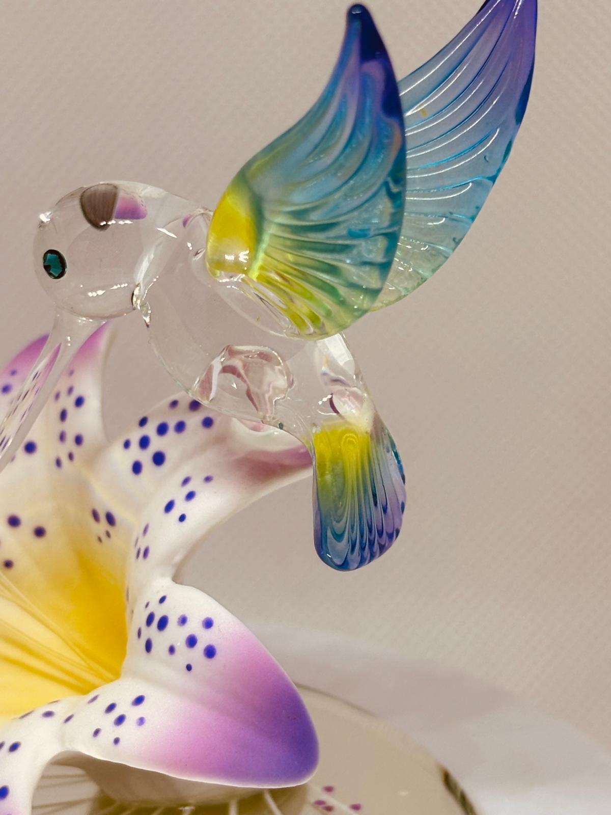 Lavender Lily with Hummingbird Figurine Handcrafted Glass Bird Decor
