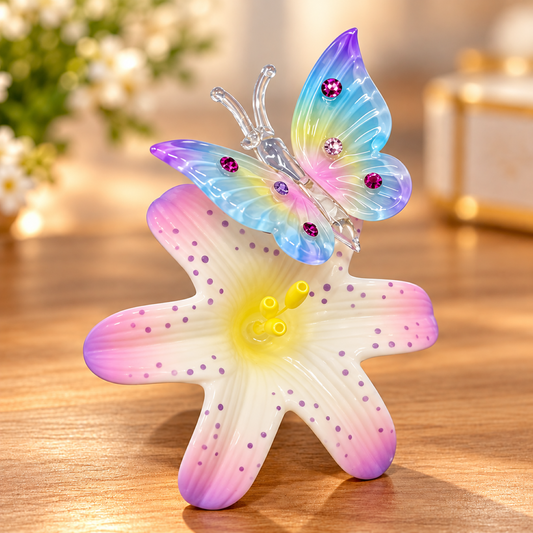 Butterfly on Lavender Lily Figurine Handcrafted Glass Butterfly Decor