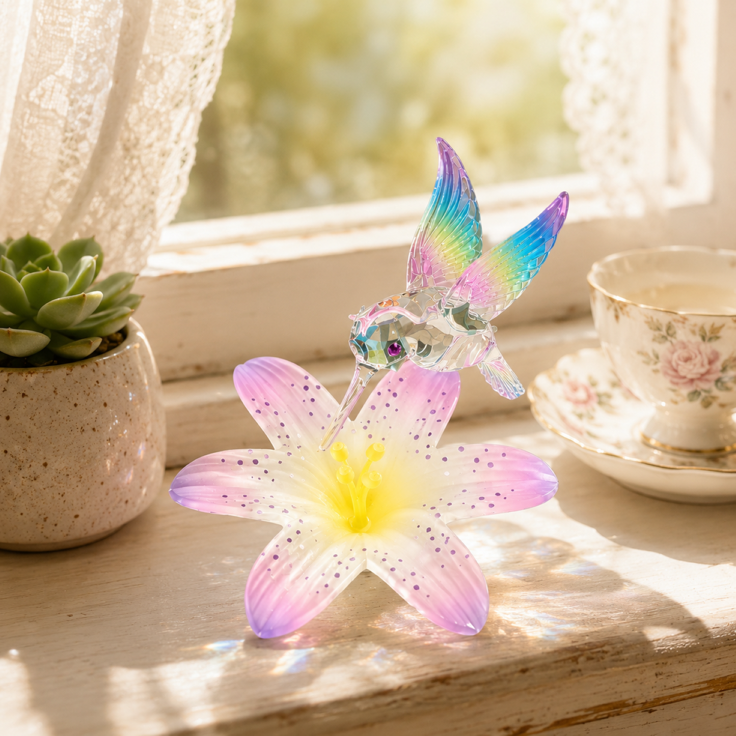 Hummingbird Glass Figurine Gift | Floral Bird Collectible Home Decor Accent